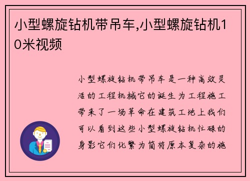 小型螺旋钻机带吊车,小型螺旋钻机10米视频