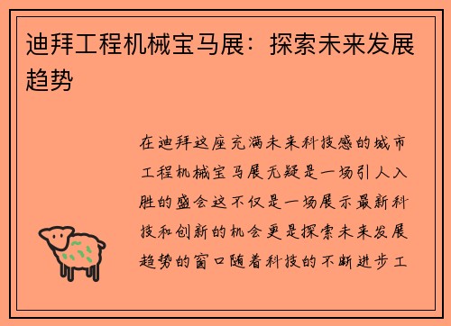 迪拜工程机械宝马展：探索未来发展趋势