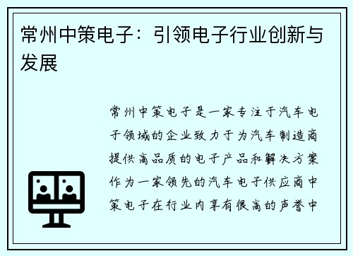 常州中策电子：引领电子行业创新与发展